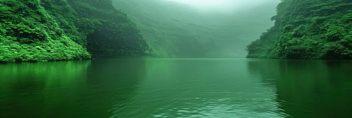 Zelfklevend Fotobehang A slender river flows among vibrant green mountains © Viktor