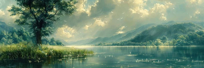 Foto op Plexiglas Painting of a lake nestled among towering mountains © Viktor