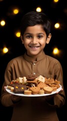 Naklejka premium Indian Young Boy Holding a Plate of Delicious Foods in Lighting Dark Background.