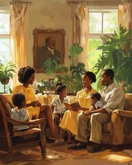 A joyful Black family gathering in a warm, inviting home - obrazy, fototapety, plakaty