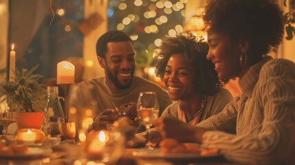 Medium shot of a Black family sharing moments of happiness in a snug, cozy home, warmth, affectionate family bonds