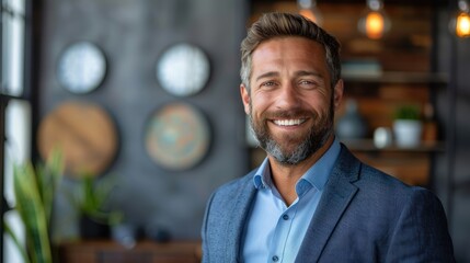 Fototapeta premium A man wearing a blue suit smiles for the camera