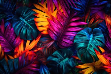 Vibrant neon tropical leaves pattern, perfect for fashion, wallpapers, and abstract backgrounds