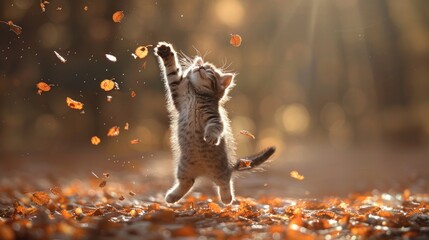 A small kitten energetically playing with fallen leaves in a dense forest setting - obrazy, fototapety, plakaty