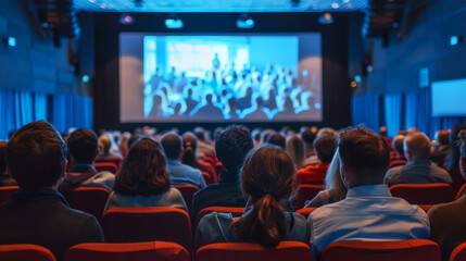 Engrossed cinema audience watching a presentation, depicting engagement and group focus in a dark theater.