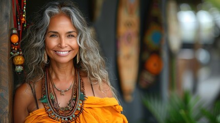 Obraz premium A woman with grey hair wearing a yellow top