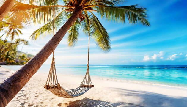 Closeup of an empty hammock hanging on palm trees of a beautiful tropical island at sunset or sunrise, and sea waves crashing on the coast. Generative Ai.