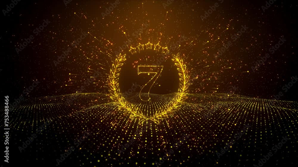 Poster abstract golden shiny number 7 laurel wreath label dotted lines wireframe particle space motion reve