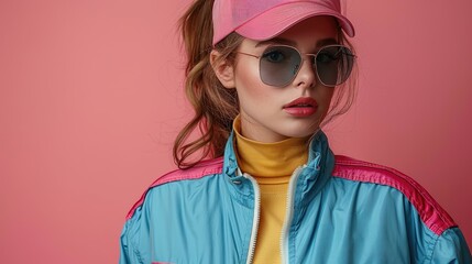 Stylish woman with visor cap and sunglasses on pink background.