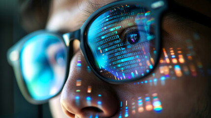 Close-up of Man Wearing Eyeglasses with Data Code Reflection, Symbolizing Digital Surveillance and Cybersecurity - obrazy, fototapety, plakaty