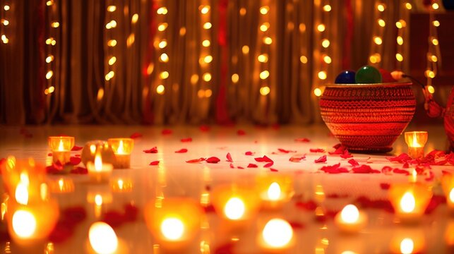 Happy Diwali Concept - Decorative floor with illuminated oil lamp and candles in fairy light background.