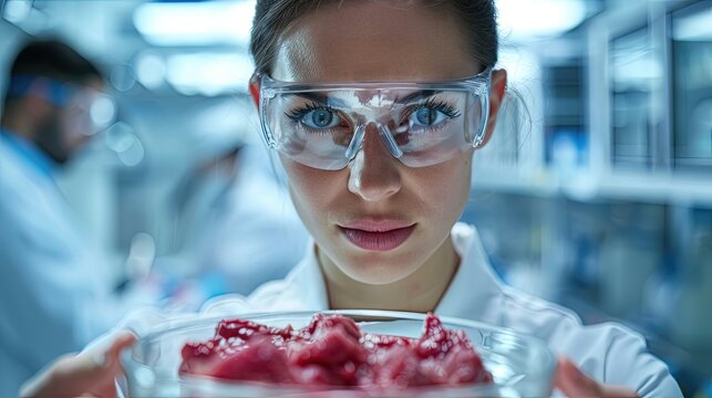 Close-up of a determined scientist examining a meat specimen in a laboratory.
