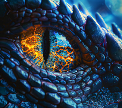 Fantastical dragon eye macro, vibrant scales and fiery iris details creating an otherworldly vision.