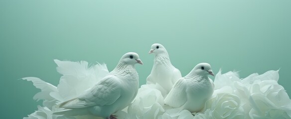 Trio of serene white doves against floral backdrop, symbolizing peace and purity, ideal for weddings and peaceful themes