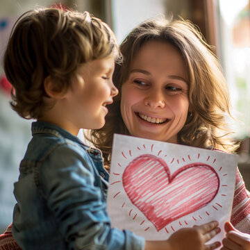 f&ecirc;te des m&egrave;res, enfant qui offre un dessin &agrave; sa maman