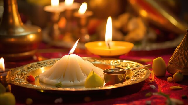 Happy Diwali Celebration Concept, Closeup Image of Worship Plate Decorated with Illuminated Oil Lamp and Foods.