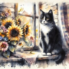 Whimsical Watercolor: Artistic Rendering of a Cat Relaxing by the Window