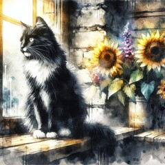Cozy Cat Chronicles: Watercolor Illustration of a Feline Lounging on a Windowsill