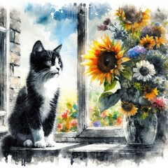 Window Watcher: Serene Watercolor Painting of a Cat Enjoying the View