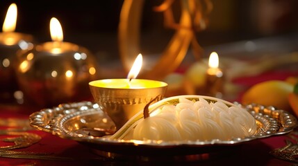 Fototapeta premium Happy Diwali Celebration Concept, Closeup Image of Worship Plate Decorated with Illuminated Oil Lamp and Foods.