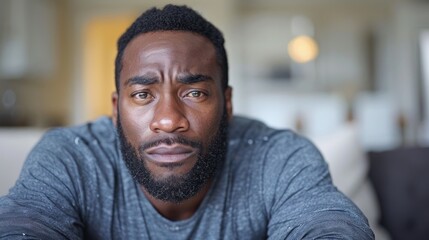 A man seated on a couch is making eye contact with the camera