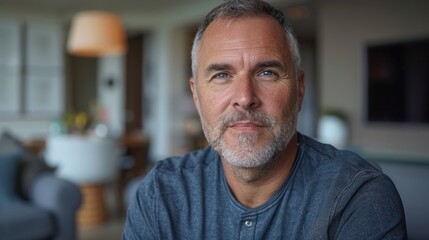 Fototapeta premium A man wearing a blue shirt is seated in a residential living space