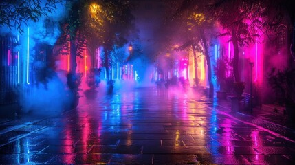 City street filled with various colorful lights creating a vibrant and lively atmosphere