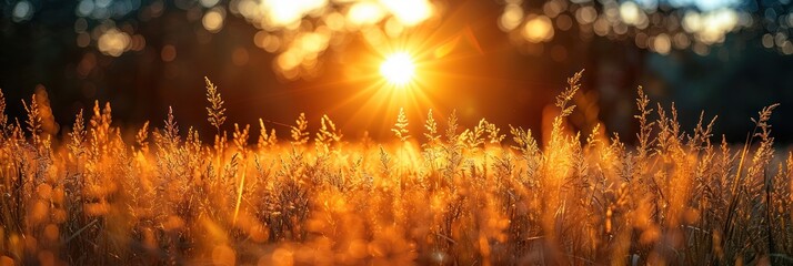 The sun sets behind a field of tall grass - Powered by Adobe