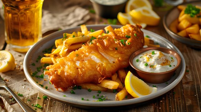 Fried fish and fries served on a porcelain plate. Seasonings, lemon, tartar sauce, beer on a wooden table. 