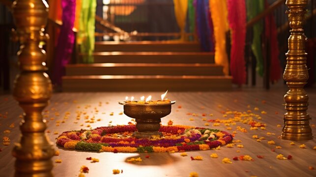 Happy Diwali Celebration Concept, Illuminated candles with flower decoration on floor in fornt of stair view in room.