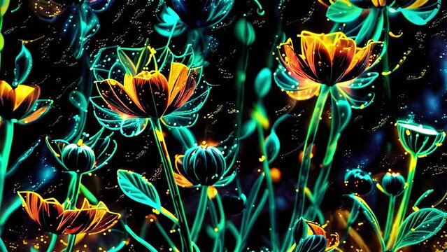 Enchanting VJ loop animation featuring bright neon poppies blooming in a grassy field, showcasing nature's beauty in a fantastic form. Perfect for festival visuals, electronic music events
