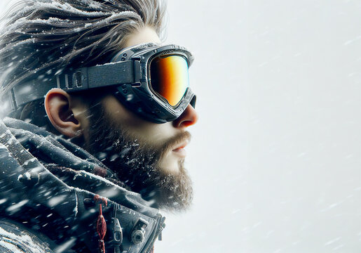 Hombre usando goggles y ropa de invierno durante tormenta de nieve