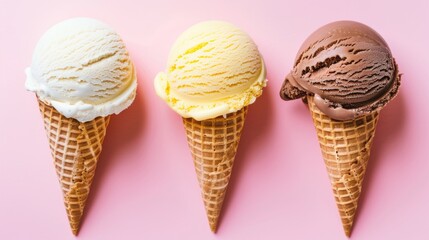 ice cream in different flavors neatly arranged on a bright pink background