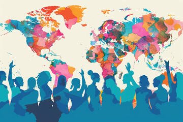 Joyful Silhouettes in Front of a Colorful World Map Celebrating Global Unity and Diversity