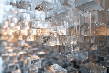 An abstract sculpture visualizes blockchain's structure in cloud, showcasing interconnected nodes for transparency and security.