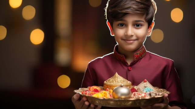 Happy Diwali Concept -  An indian young boy holding a gold plate with traditional elements in bokeh background.