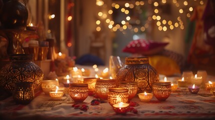 Fototapeta na wymiar Happy Diwali Celebration Background with Illuminated Candles or Diya Decorated on Floor in Room.