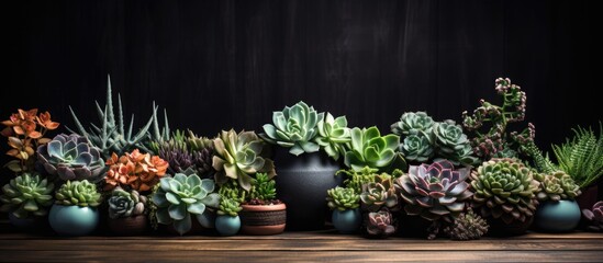 Succulents displayed on a wooden table against a dark backdrop