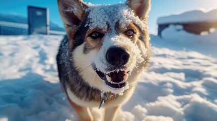 Adorable German Shepherd dog standing in the snow background.