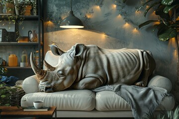 Fototapeta na wymiar rhinoceros is lying and sleeping on the couch in the room.