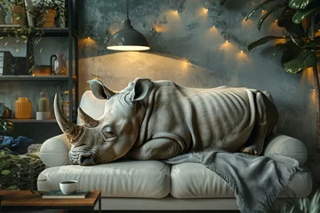 Rolgordijnen rhinoceros is lying and sleeping on the couch in the room. © MaskaRad