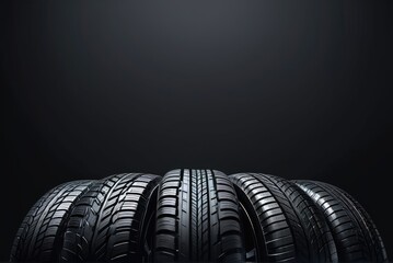 3D illustration of car tires against dark backdrop with ample copy space by ai generated - obrazy, fototapety, plakaty