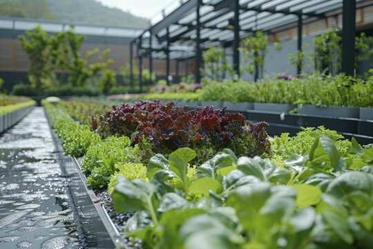 Urban farming networks integrate rooftops, vertical farms in the cityscape with hydroponics, aquaponics, and digital monitoring for local, fresh food.
