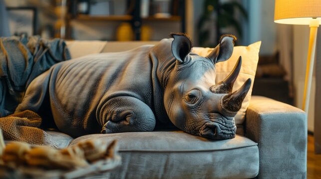 rhinoceros is lying and sleeping on the couch in the room.