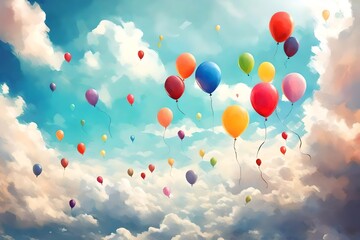 flying  colorful balloons in beautiful cloudy sky,illustration painting