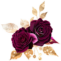 Burgundy roses with gold leaves