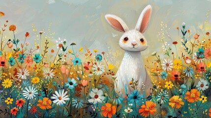 Vibrant stylized flowers surrounding a whimsical bunny Impressionistic