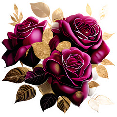 Set of three roses with golden leaves