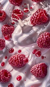 Close-up raspberries and White yogurt.  Image featuring several oversized raspberries and with splashing White yogurt. 