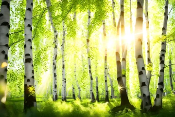 Foto op Canvas Nature background. Sun flare. Beautiful spring Sun shine through the birch tree green leaves. Blurred abstract bokeh with sun flare. Sunlight. Beams of light. Environment backdrop © Eun Woo Ai